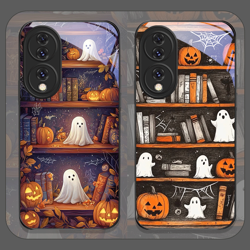 Phone Cases Honor - Halloween Pumpkin Ghost Bookshelf Tempered Glass